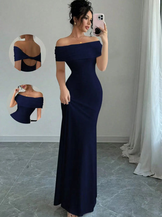 Off-the-Shoulder Solid Color Sleeveless Bodycon Bandage Maxi Fishtail Dress