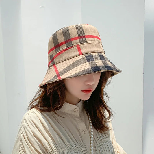 British Women's Suede Plaid Folding Designer Bucket Hat