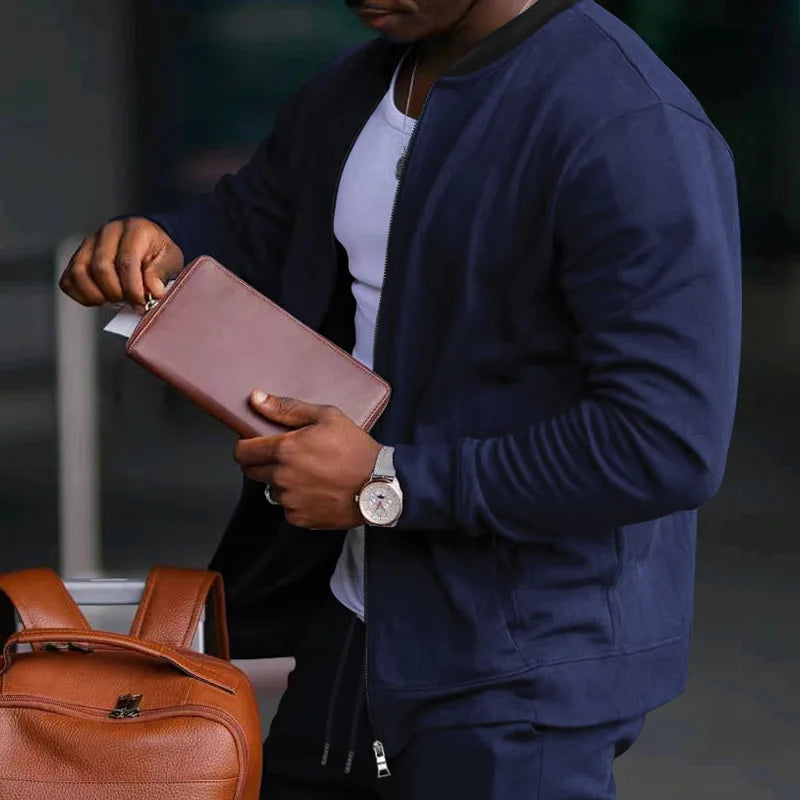 Men's O-Neck Colorblock Bomber Sweat Jacket + Drawstring Jogger Sweatpants Tracksuit