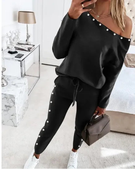Black Eyelet/Pearl Design Off-The-Shoulder Women's Skew Neck Long Sleeve Top & Elastic Waist Pants 2-Piece Set