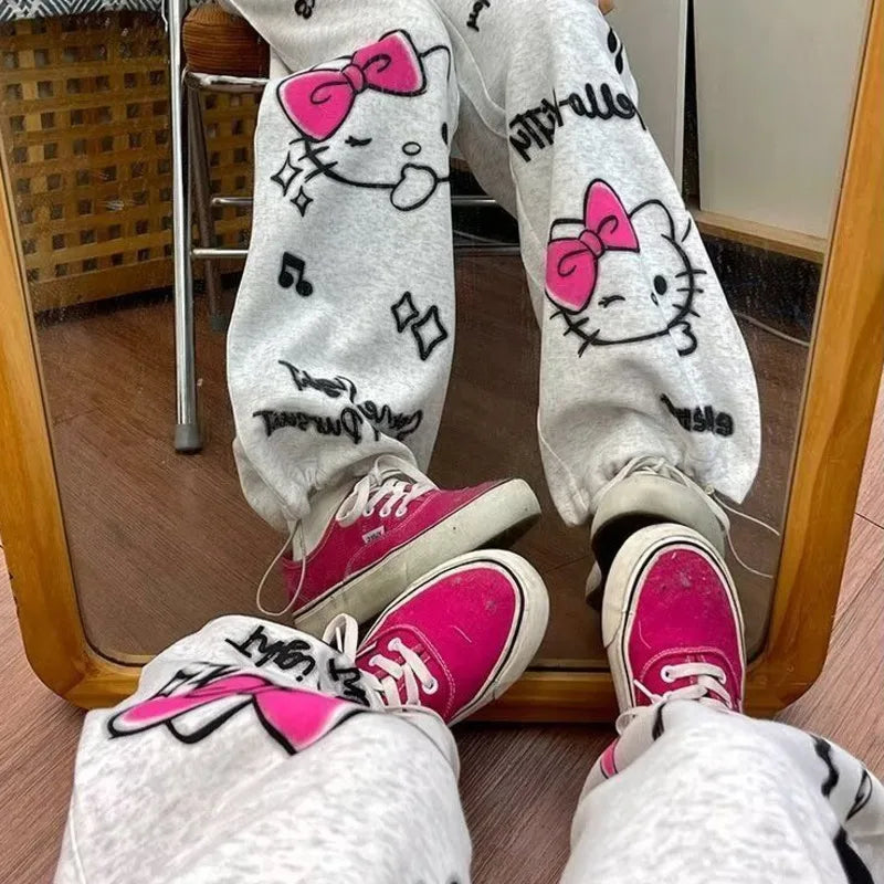 "Hello Kitty" Women's Grey Streetwear Drawstring Elastic Waist Jogger Sweatpants to 3X Plus Size