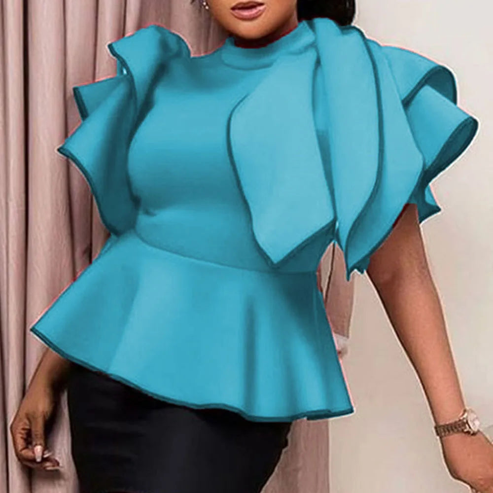 Oversized Colorblock Ruffled Detail Women's Peplum Blouse to 3X Plus Size