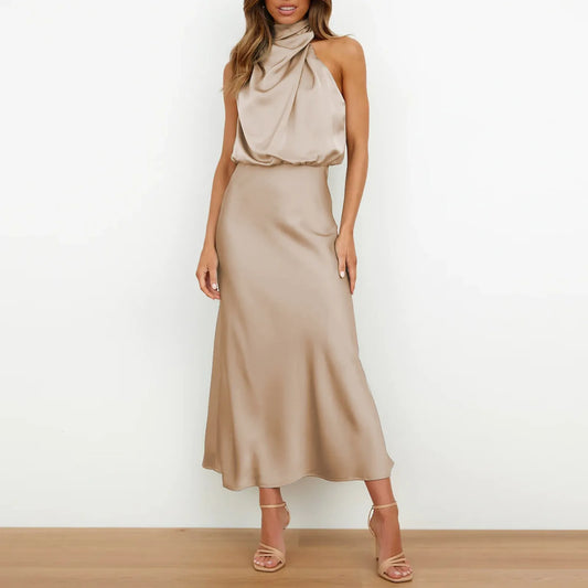 Satin High Waist A-Line Swing Turtleneck Asymmetrical Sleeveless Formal Dress