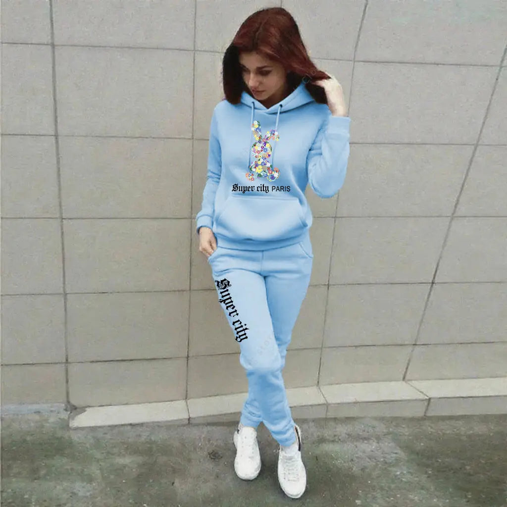 Hip-Hop Rainbow Bunny Rabbit Print Long Sleeve Hoodie Sweatshirt + Women's Jogger Sweatpants Tracksuit to 3X Plus Size