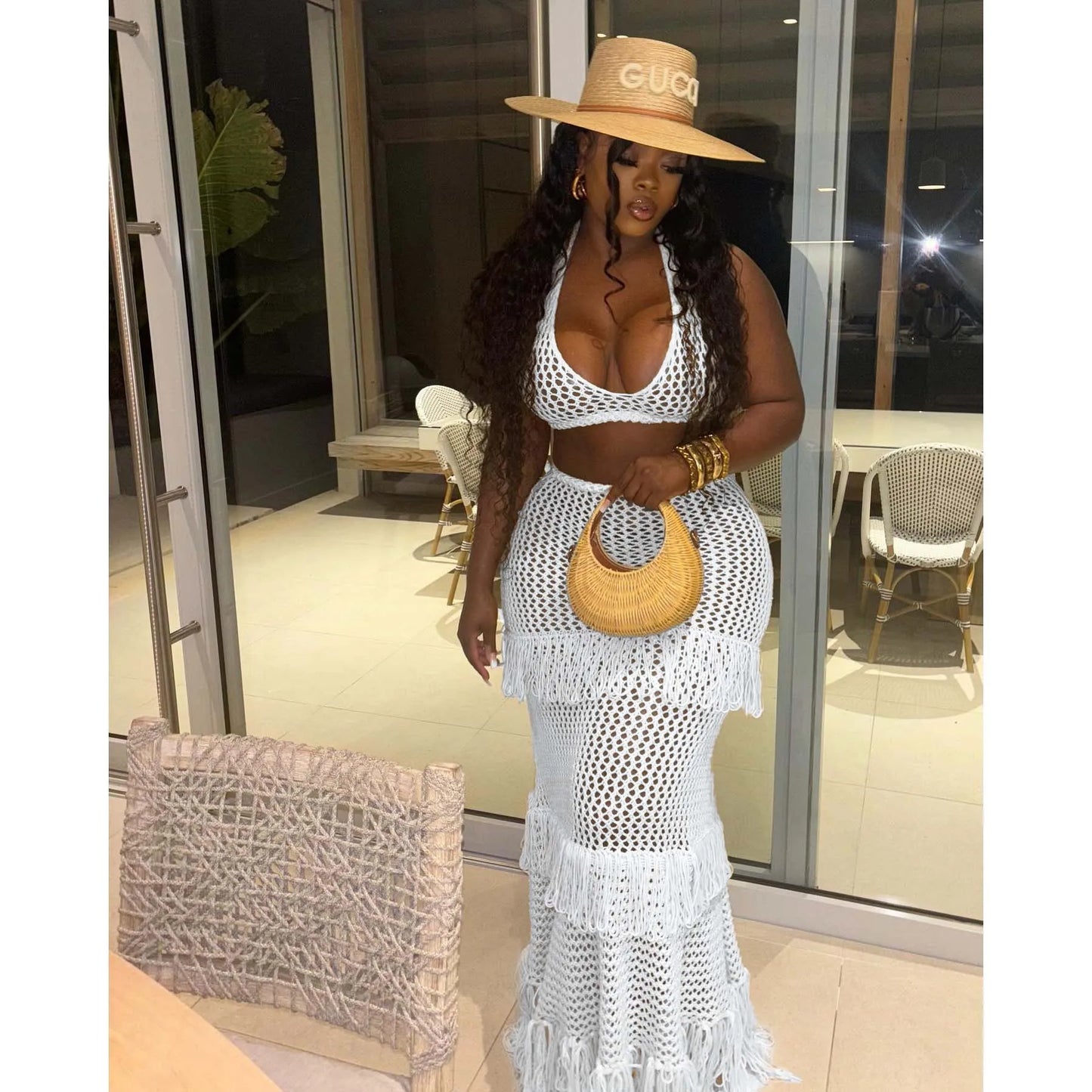 Knitted Crochet Transparent Pattern Bra + Tiered Tassel Fringe Ruffled Design Maxi Skirt 2-Piece Sets