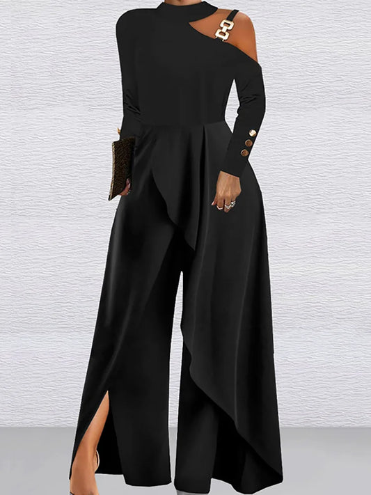 Layered Lace Print/Solid Backless Hollow-Out 1/2 Sleeve Women's Jumpsuit