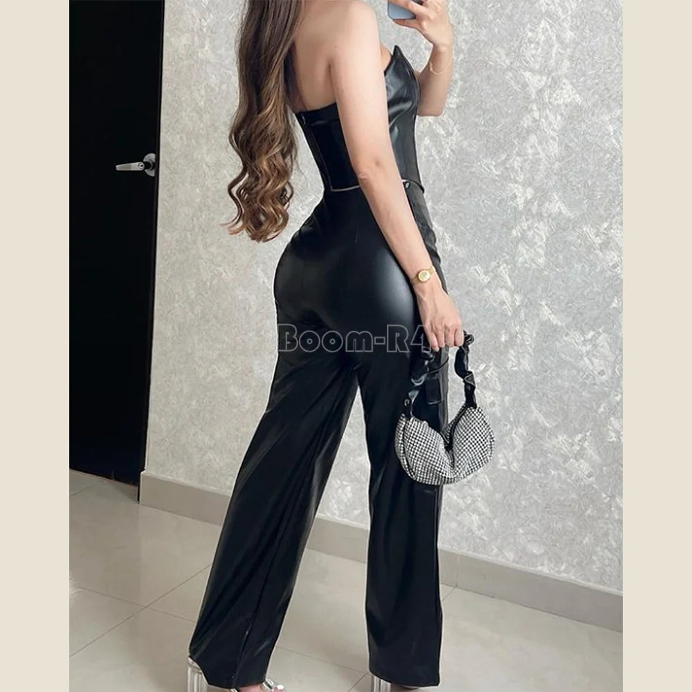 Sleeveless PU Leather Black Corset Tube Top Women's Jumpsuit