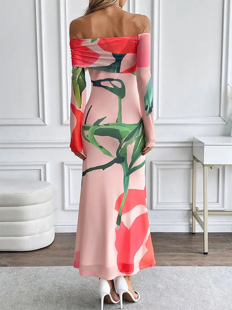 Pink Off-the-Shoulder Big Flower Print Long Sleeve Maxi Dress