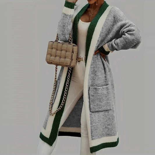 Colorblock Striped Hem Design Knitted Pocketed Open Stitch Women's Long Sleeve Maxi Hoodie Sweater