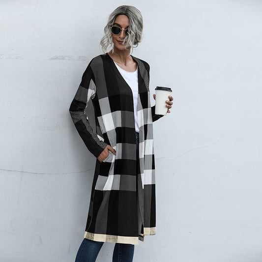 Checkered Plaid Print Women's Maxi Cardigan