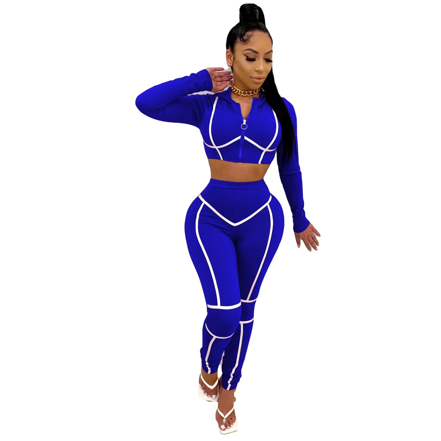 Striped Bandage Women's O-Neck Cropped Zipper Jacket + Sweatpants Tracksuit