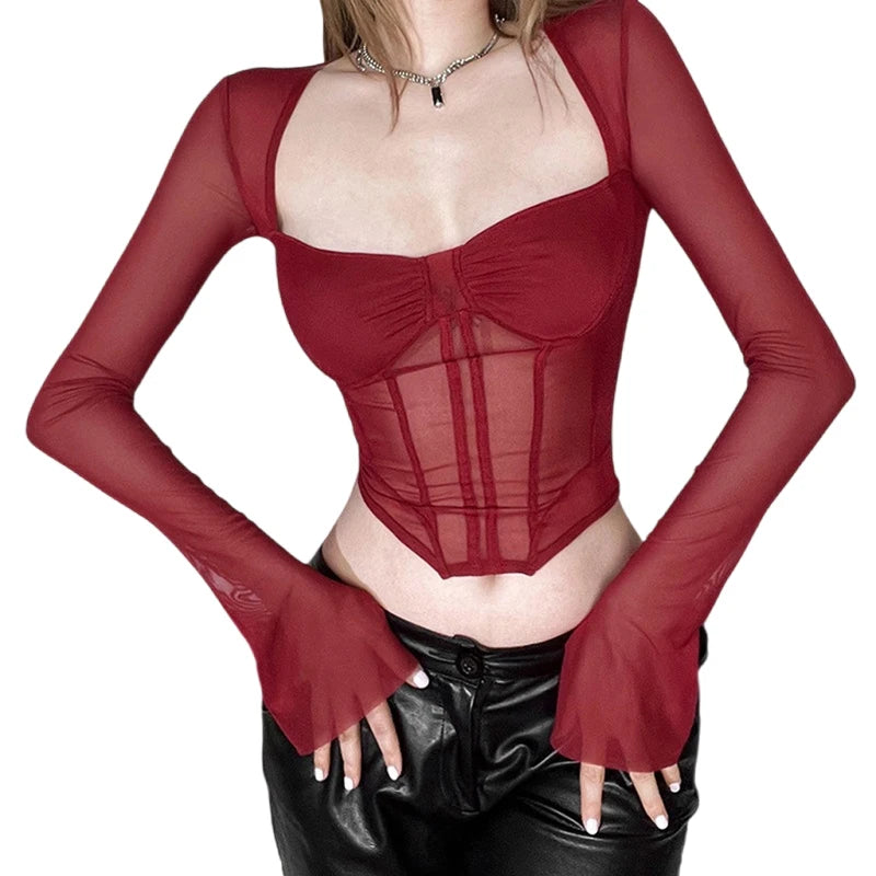 Sheer Transparent Women's Solid Color Square Neck Long Sleeve Fishbone Corset Top