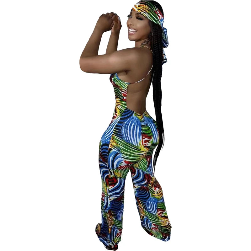 Rainbow Tropical Swirl Print Spaghetti Strap Backless Women's V-Neck Jumpsuit w/ Matching Headband