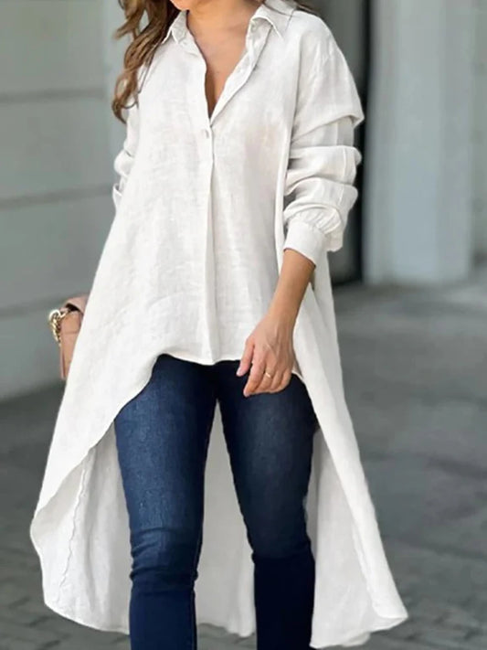 Long Sleeve Solid Color Turn-Down Collar Patchwork Button-Up Maxi Blouse to 3X Plus Size