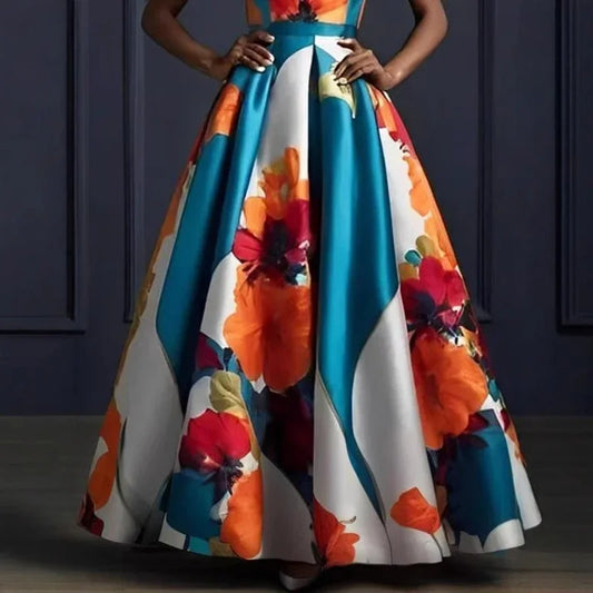 Luxury Floral Print Satin Evening Dresses Woman Elegant O Neck High Waist Long Dress Summer Sleeveless Hem Boho Dress