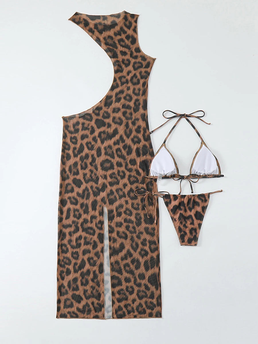 3 Pieces Set: Leopard Triangle Halter String Bikini Swimsuit + Asymmetrical Hollow-Out Sleeveless Women's Swimsuit Cover-Up