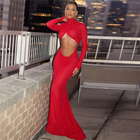 Red Turtleneck Cut-Out Long Sleeve Ruched Backless Evening Gown Maxi Party/Prom Dress