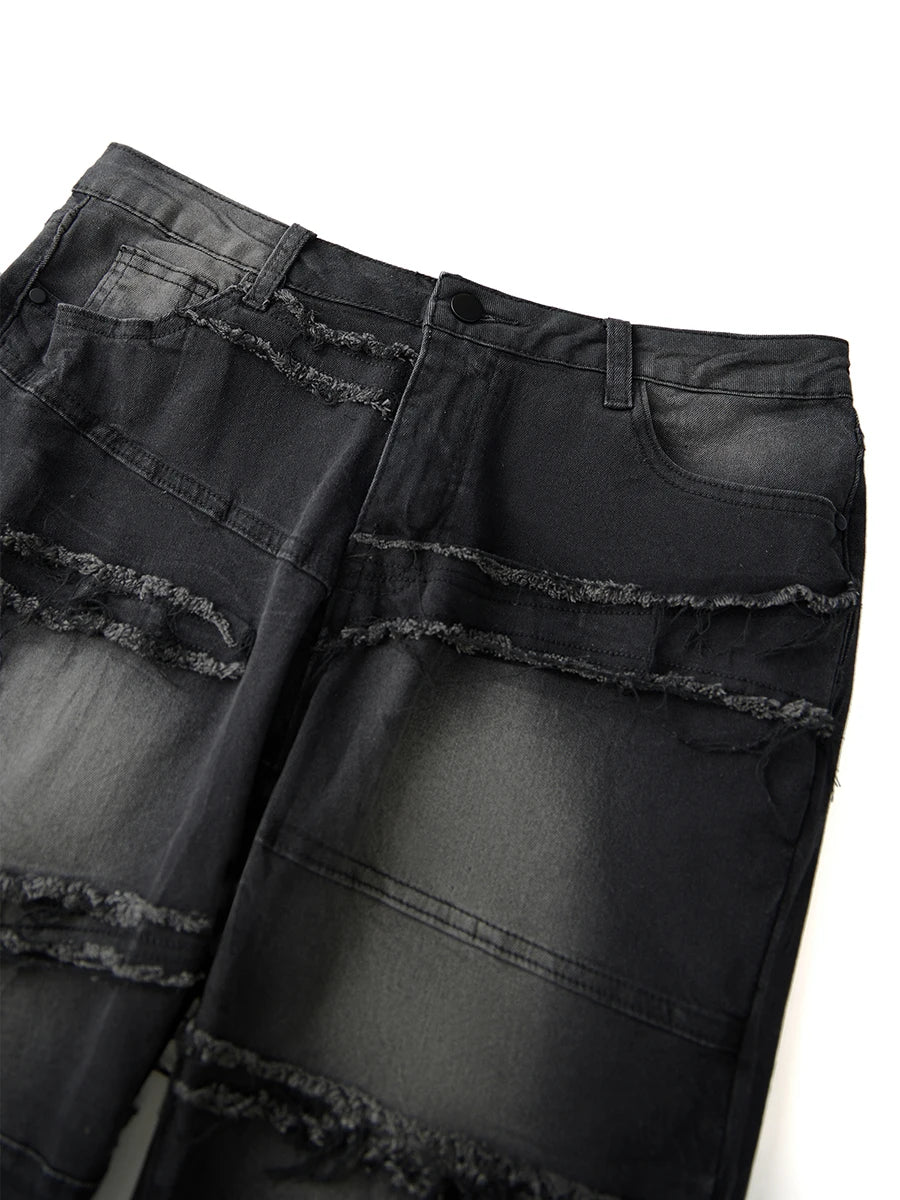 Men's Denim Black Monkey Washed Tiered Tassel Fringe Design Pull-On Raw Trim Pockets Straight Leg Jeans