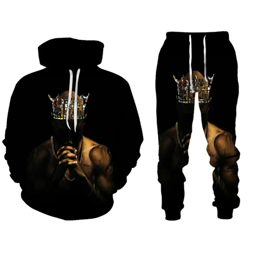 Drawstring Men's Unisex Tupac 3D Graphic Print Hoodie Sweatshirt + Jogger Sweatpants Tracksuit