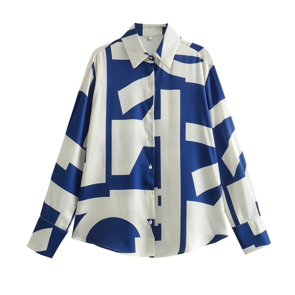 Geometric Blue/White Silk Texture Printed Women's Turn-Down Collar Button-Up Blouse + Drawstring Loose Elastic Waist Pants 2-Piece Set