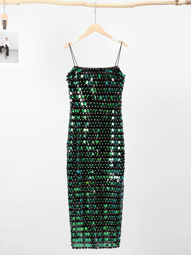Sequined Metal Tube Top Spaghetti Strap Sleeveless Skinny Solid Color A-Line Formal Maxi Dress