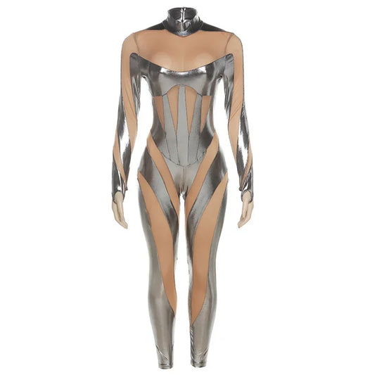 Silver Metallic Faux Leather Mesh Transparent Colorblock Striped Hollow-Out Long Sleeve Skinny Bodycon Jumpsuit
