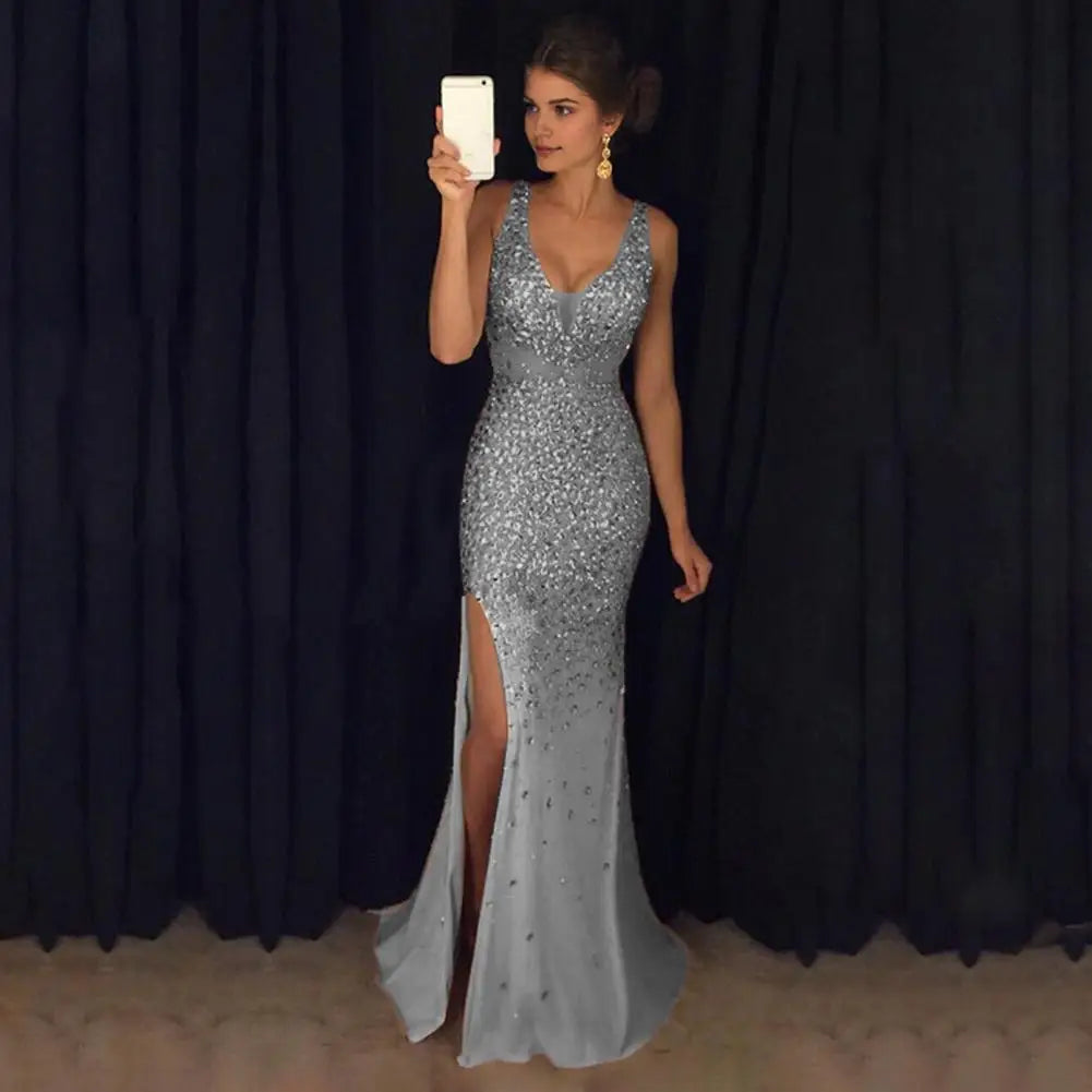 Sparkling Metallic Mesh Patchwork Sequin Sleeveless Split Hem Mermaid High Side Slit Maxi Formal Party/Prom Dress