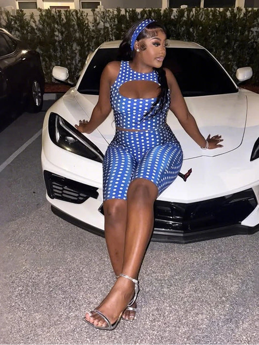 Blue Polka Dot Print O-Neck Hollow-Out Crop Top + Skinny Biker Shorts Women's 2-Piece Set