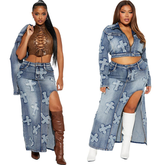 Denim Washed Cross Embroidered O-Neck Zipper Jean Jacket + High Slit Maxi Skirt 2-Piece Set