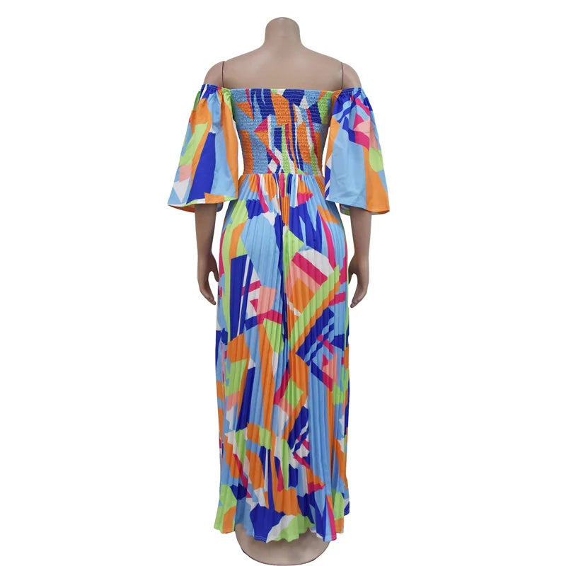 Pleated Off-the-Shoulder Strapless Geometric Print Long Maxi Dress