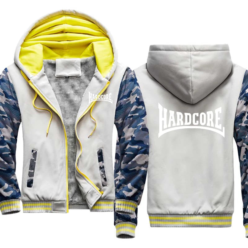 Men‘s "Hardcore" Drawstring Camoflauge Colorblock Print Fleece Cotton Raglan Zipper Hoodie Jacket