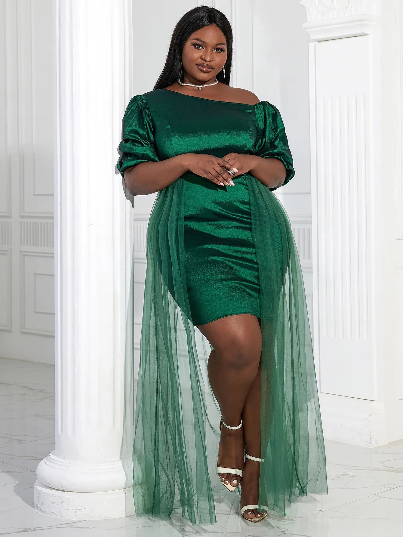 Satin Green One Shoulder Puff Sleeve Mesh Train Patchwork Pleated Formal Midi Dress to 4X Plus Size