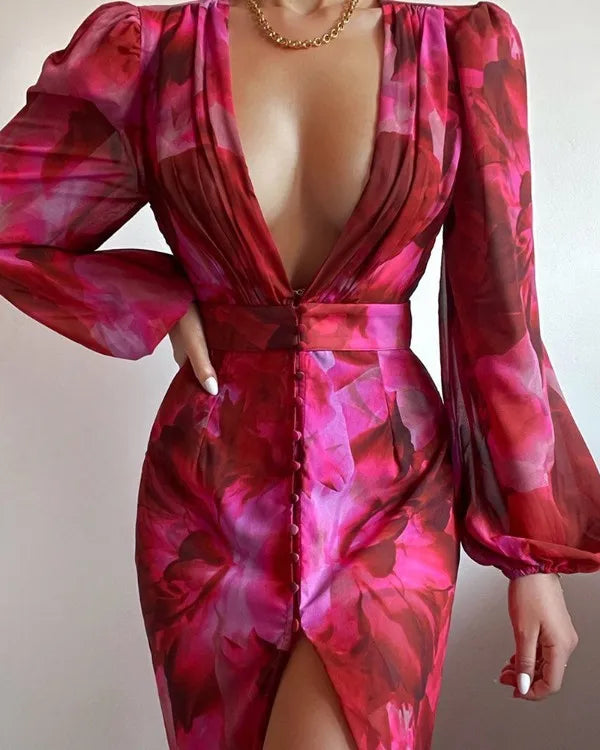 Assorted Leopard Floral Print Deep V-Neck Long Sleeve Maxi Dresses