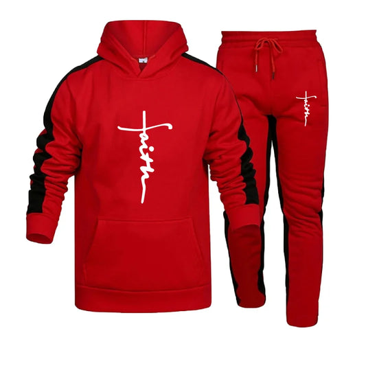 "FAITH" Men's Colorblock Hoodie Sweatshirt + Side Striped Jogger Sweatpants Tracksuit