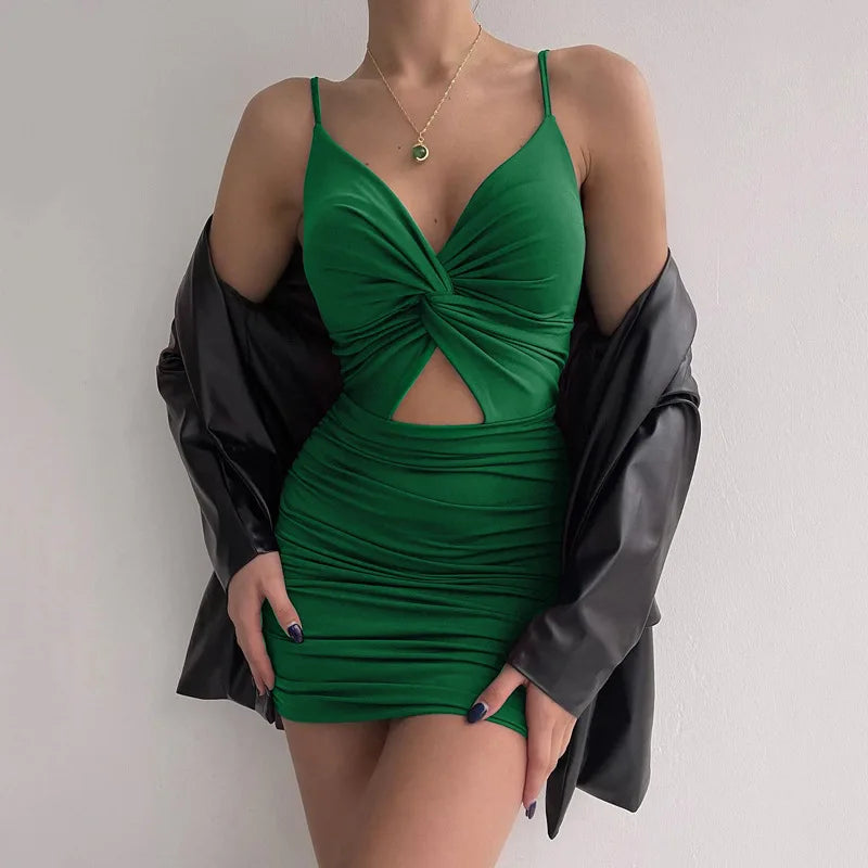 Ruched Sleeveless Backless Hollow-Out V-Neck Spaghetti Strap Bodycon Mini Club Dress