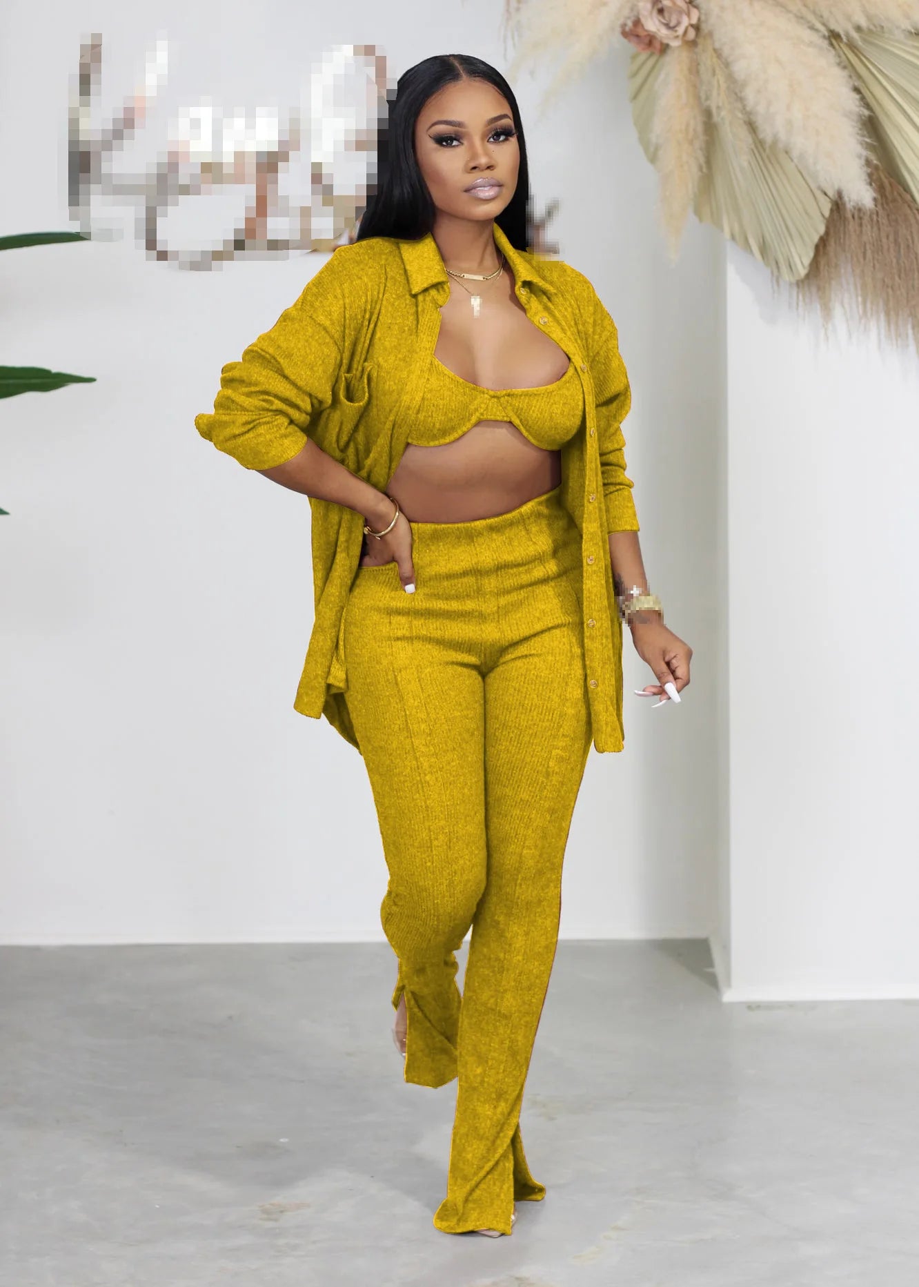 Turn-Down Collar Long Sleeve Blouse + Bra + Elastic Waist Open Slit Leggings Women's 3-Piece Set