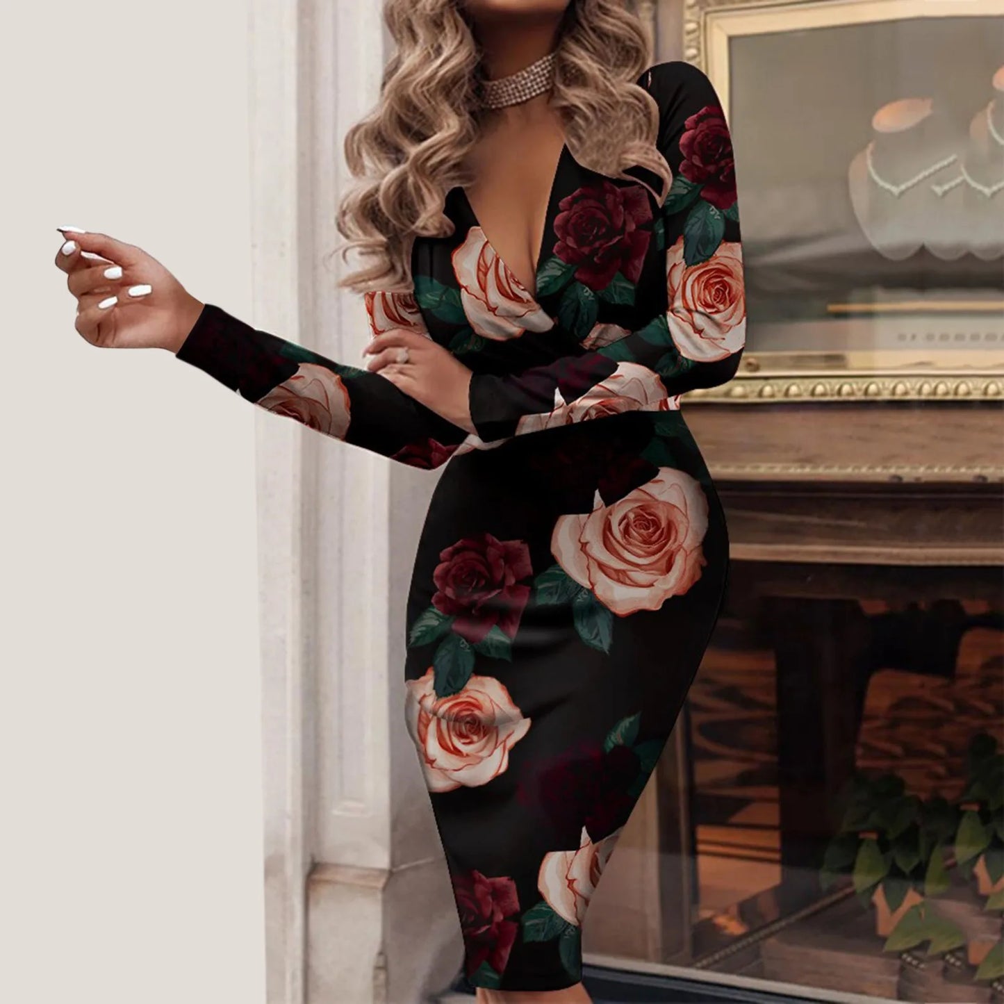 Sparkling Glitter/Colorblock/Floral/Leopard/Geometric Print Deep V-Neck Long Sleeve Bodycon Evening Midi Dresses