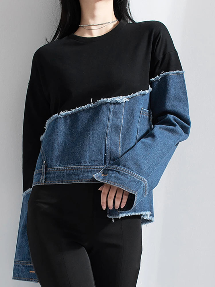 Denim Irregular Patchwork Colorblock Round Neck Long Sleeve Women's Sweatshirt