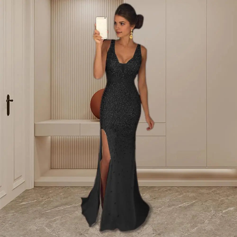 Sparkling Metallic Mesh Patchwork Sequin Sleeveless Split Hem Mermaid High Side Slit Maxi Formal Party/Prom Dress