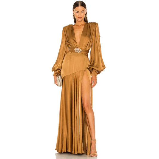 Golden Brown Ruffled Temperament Deep V-Neck Padded Shoulder Metal Fringe Bell Sleeve High Slit Formal Party Dress