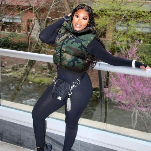 Camouflage Puffer Sleeveless Bubble Down Drawstring Women's Cropped Cotton Mini Vest Jacket