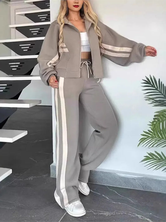 Striped Long Sleeve Stand Collar Zipper Jacket + Wide Leg Pants Women's Tracksuit to 3X Plus Size