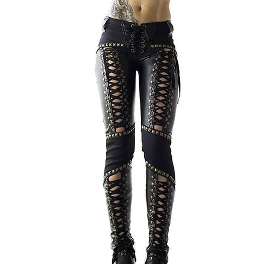 Black Criss-Cross Faux Leather Lace-Up Designer Hollow-Out Women's Punk Pencil Pants