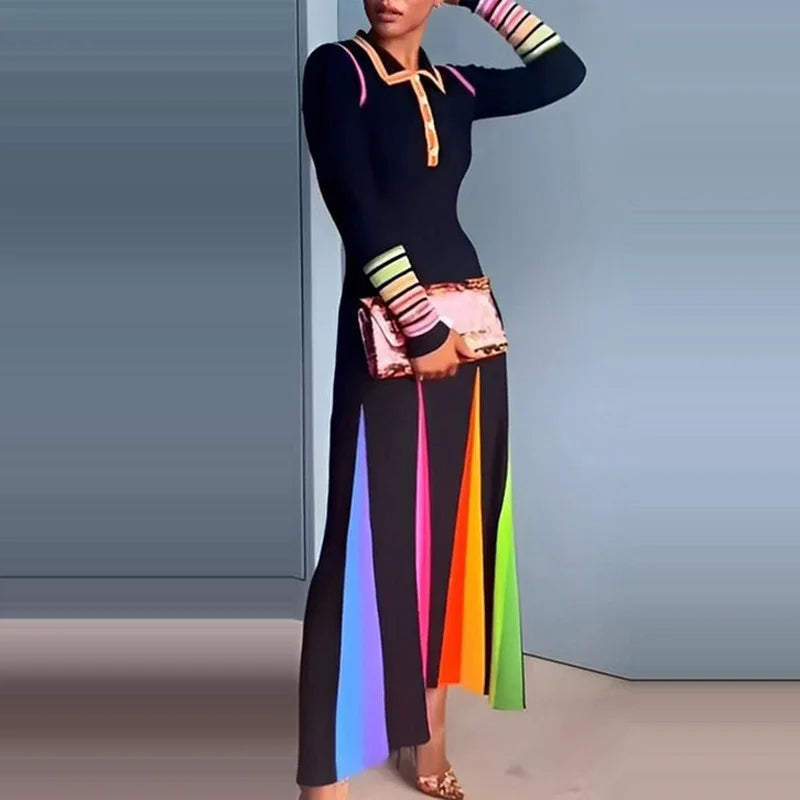 Rainbow Patchwork Colorblock Striped Turn-Down Collar Skinny Long Sleeve Button Front Shirt Dress