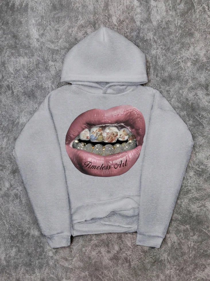 Men's Pink Lip Print Long Sleeve Hip-Hop Hoodie Sweatshirt