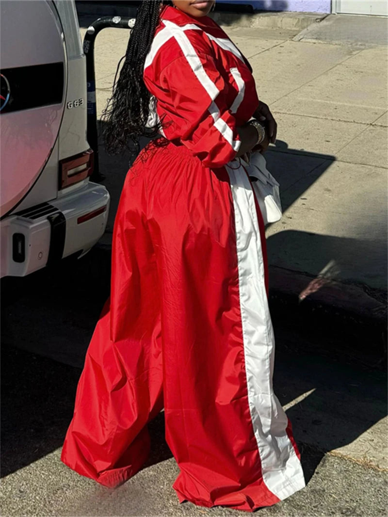 Streetwear Colorblock Women's Loose Crop Zipper Jacket + Wide Leg Pants Tracksuit