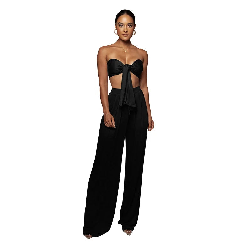 Sleeveless Bowknot Design Tube Top+ Wide Leg Pants Women's Solid Color 2-Piece Set