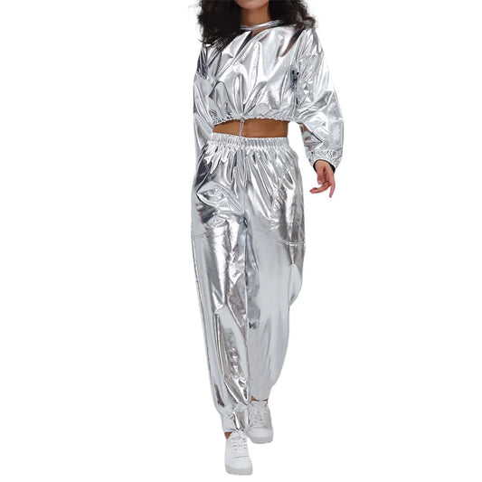 Shiny Faux Leather Metallic Drawstring O-Neck Women's Long Sleeve Crop Top + Elastic Waist Sweatpants 2-Piece Set