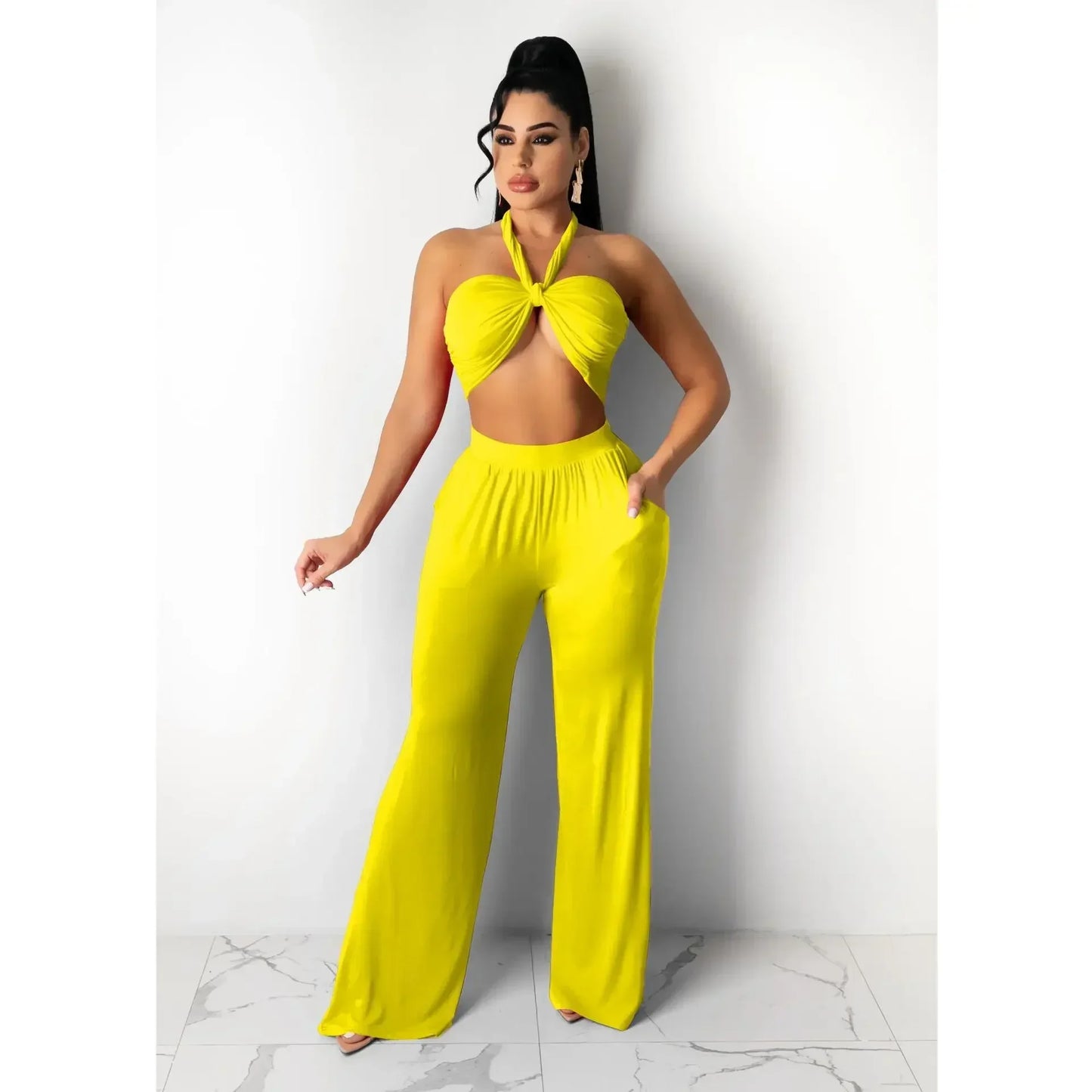 Strapless Hollow-Out Hatler Neck Crop Top + Leggings Bodycon Solid Color Women's 2-Piece Set