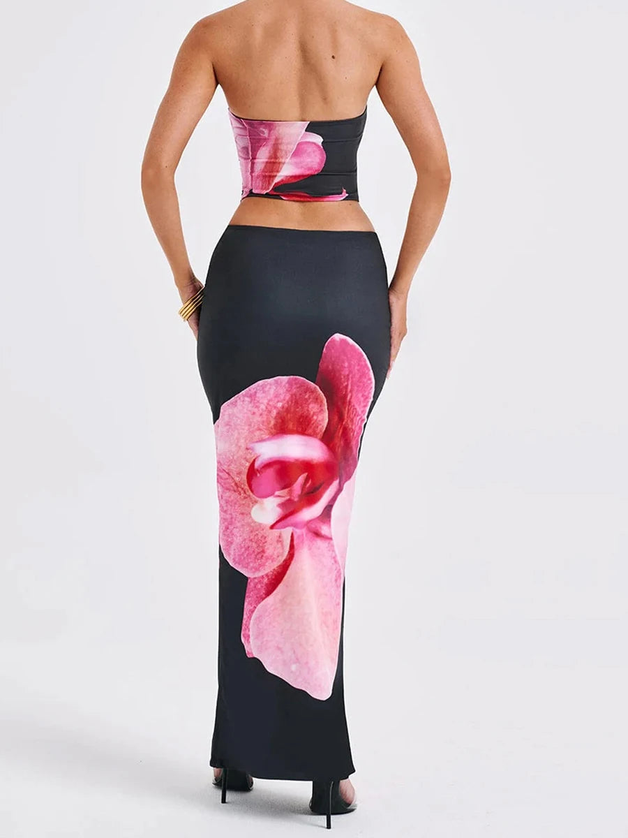 Big Flower Print Women's Bandage Streetwear Tube Crop Top + Elastic Waist Bodycon Maxi Skirt 2-Piece Set